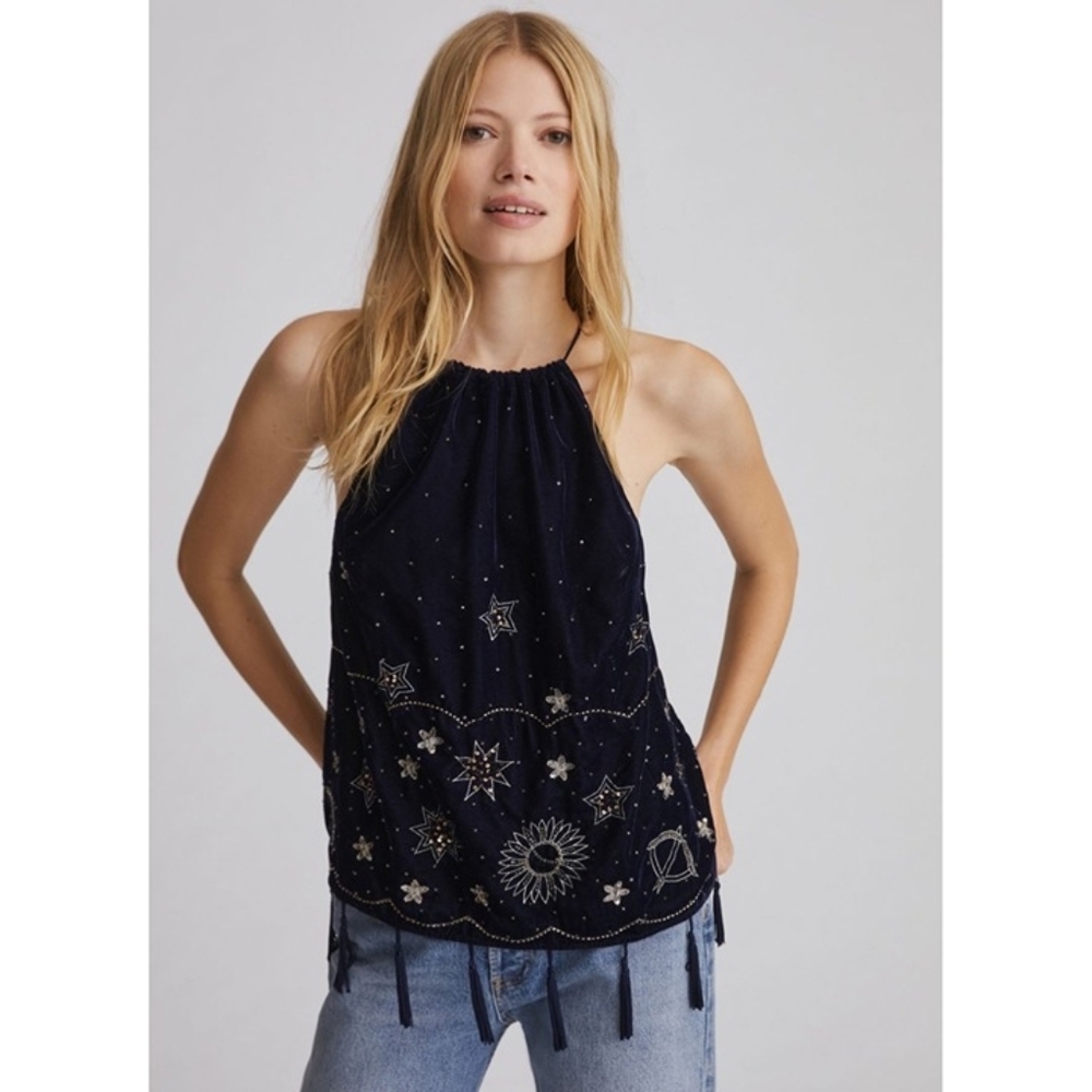 Anthropologie Navy Beaded Halter Tank with Metallic Embroidery